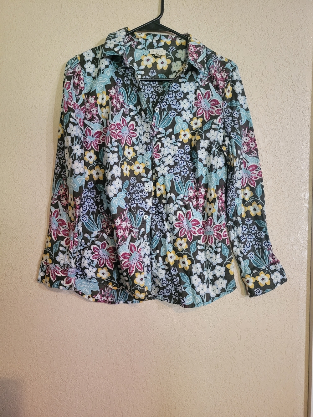 Talbots Black Button-Down Shirt with Pink, Yellow and Teal Floral Print
